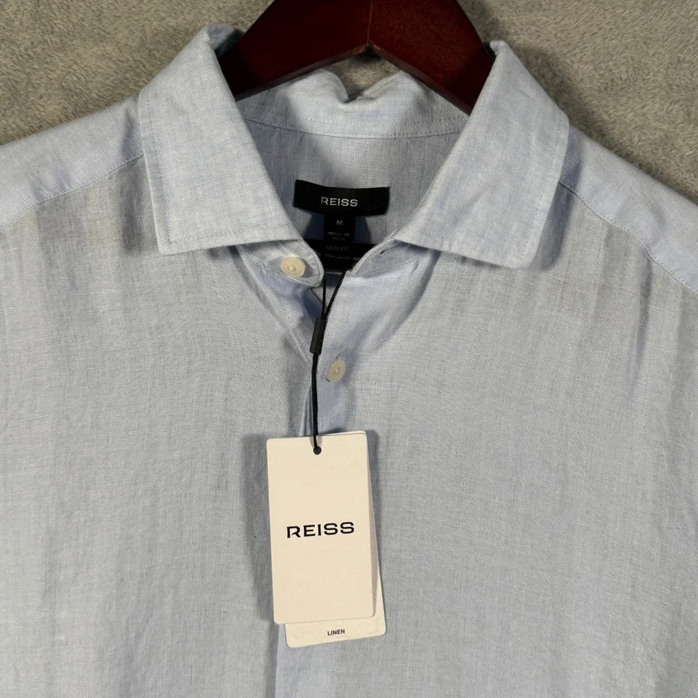 Reiss Light Blue Short Sleeve Linen Button-Down Shirt